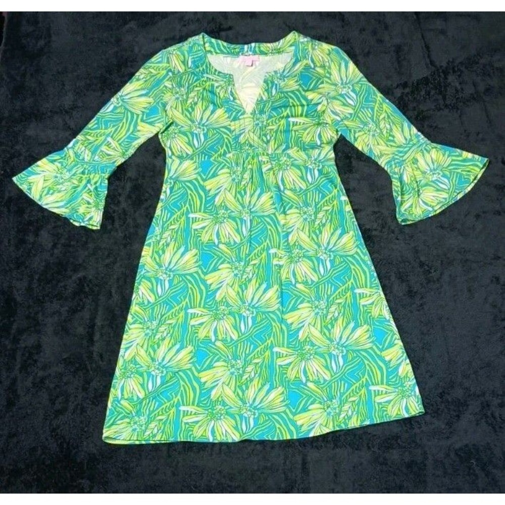 Lilly Pulitzer Twyla Silk Bell Sleeve Empire Waist Dress S Green Blue Tropical